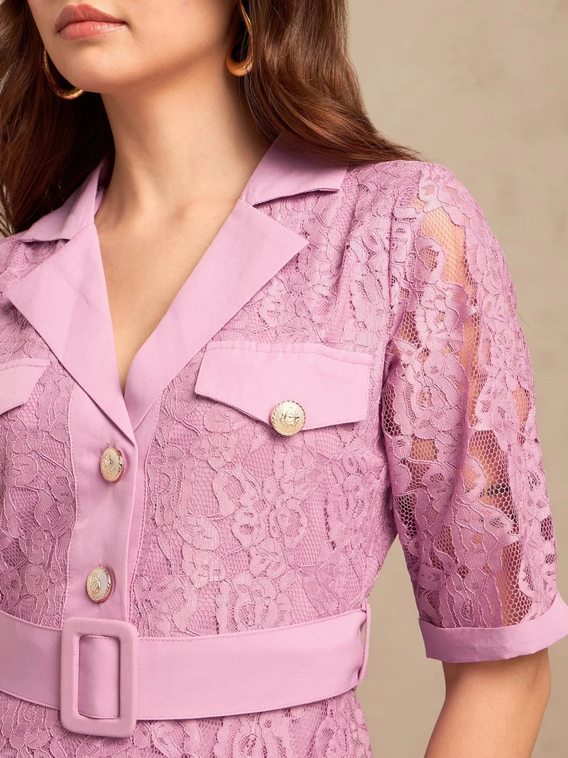 Outzidr  Lilac Lace Shirt Dress With Belt Detail for Women | Best Price UAE